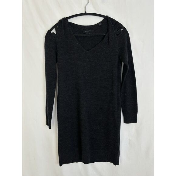 AllSaints Dresses & Skirts - All Saints Neri V Neck Sweater Dress Sz SM Gray Wool Cold Shoulder Long Sleeve